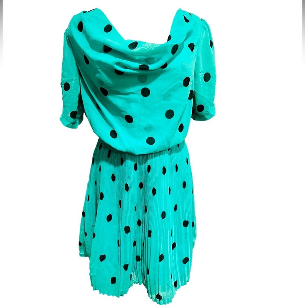 Louche London Teal / Black Polka Dot Chiffon Cowl Neck Dress Size 14